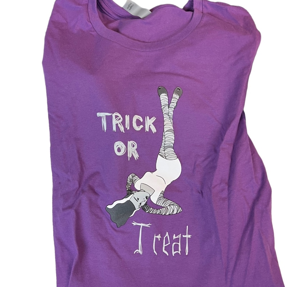 Purple Trick or Treat Tee Sexy Mrs Frankenstein Lounging NEW Size L 19.5" Across